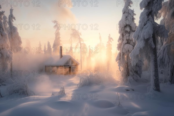 Log cabin in deep snowy polar boreal forest