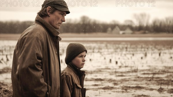 Distressed farming father and son look over their flooded farmland