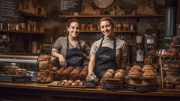 Proud young adult female partners at the counter of their new bakery shop in europe