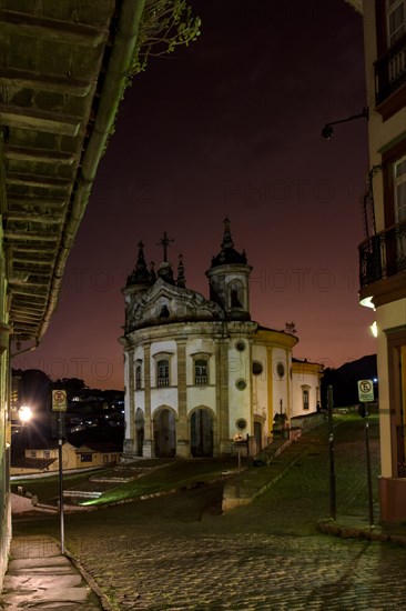 Street and church in baroque style in the historic city of Ouro Preto in Minas Gerais