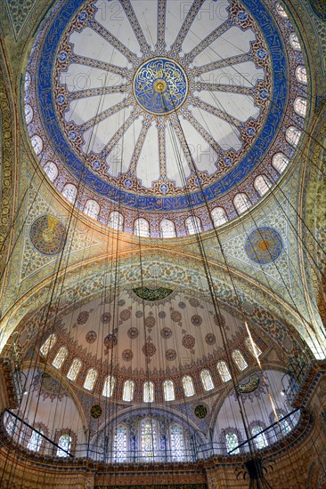 Ceiling and interior of the famous Blue Mosque in Istanbul with its ancient and colorful mosaics