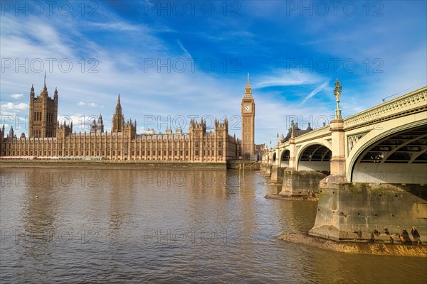 Westminster Bridge with Parliament Building on the banks of the Thames and Big Ben clock tower