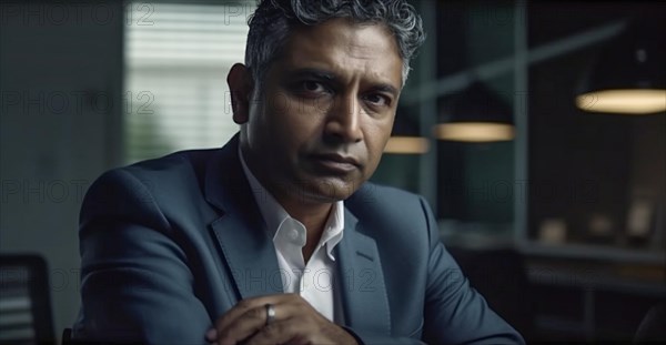 Contemplative successful middle-aged Indian executive businessman in his office