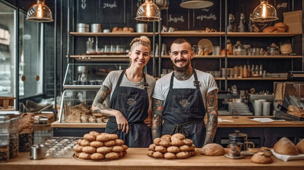 Proud young adult couple at the counter of their new bakery shop in europe