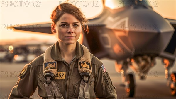 Proud young adult female air force fighter pilot in front of her lockheed martin F-35 lightning II combat aircraft on the tarmac