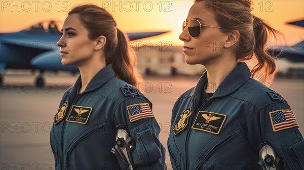 Two proud young adult female air force fighter pilots in front of their F-35 combat aircraft on the tarmac