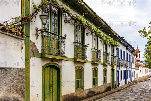 Colonial style houses and cobblestone street in the old and historic town of Diamantina in Minas Gerais