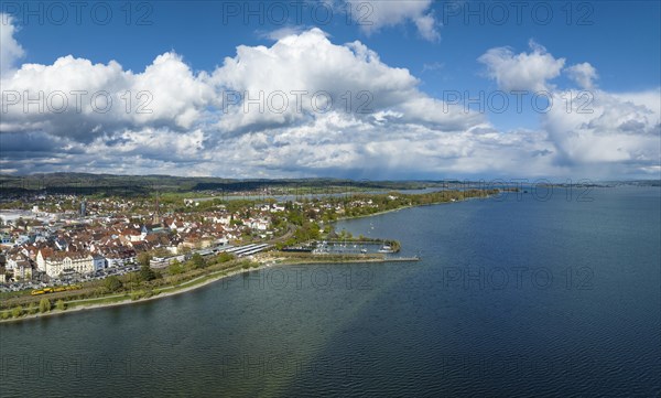 Aerial view of the town of Radolfzell on Lake Constance with the Mettnau peninsula