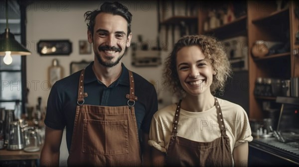 Proud young adult couple at the counter of their new bakery shop in europe