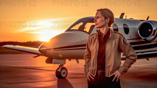 Proud young adult female airline pilot in front of her private executive jet on the tarmac