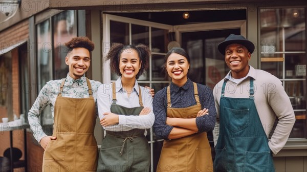 Proud young adult team at the entrance of their new bakery shop in europe