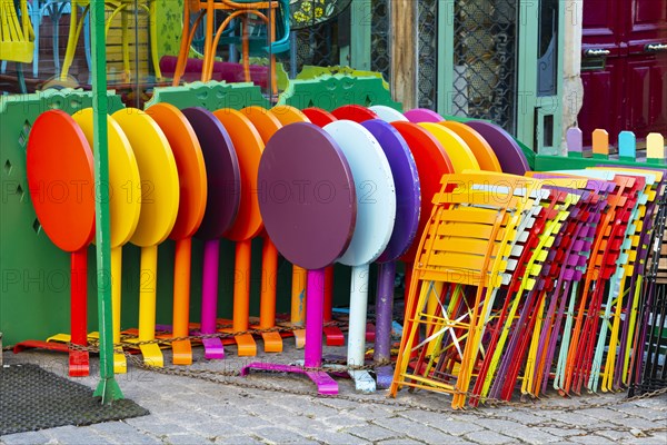 Colourful folding chairs and tables