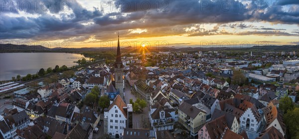 Aerial view of the town of Radolfzell on Lake Constance at sunset