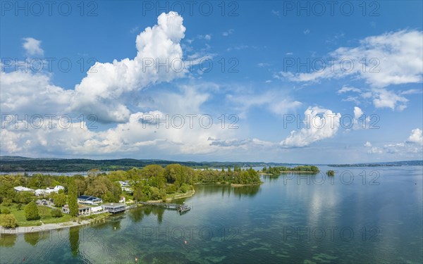 Aerial view of the Mettnau peninsula near Radolfzell with spa centre and restaurant business