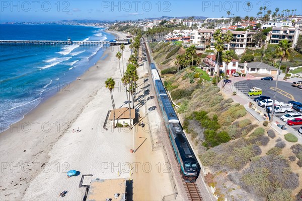 Metrolink passenger train railway aerial view railway in Oceanside