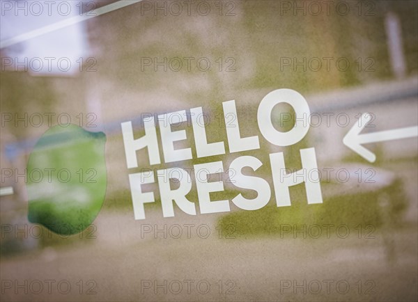 The lettering of the Hello Fresh company at their location in Berlin. 04.02.2022.