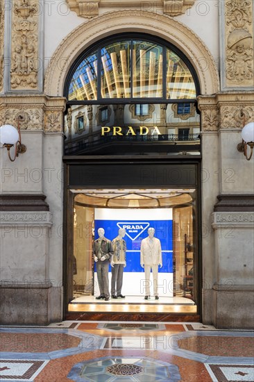 Shop window of the luxury shop PRADA in the Galleria Vittorio Emanuele II