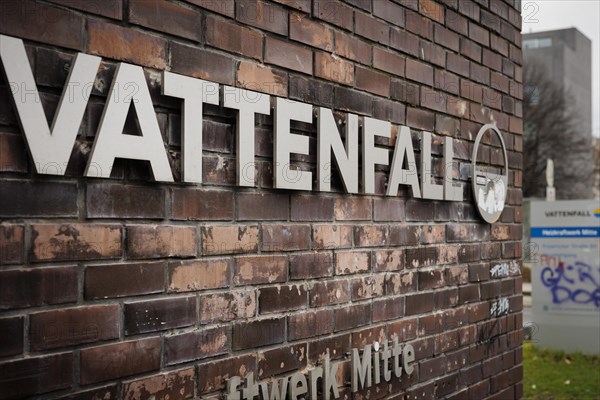 The lettering of the Vattenfall company at their site in Berlin. 04.02.2022.