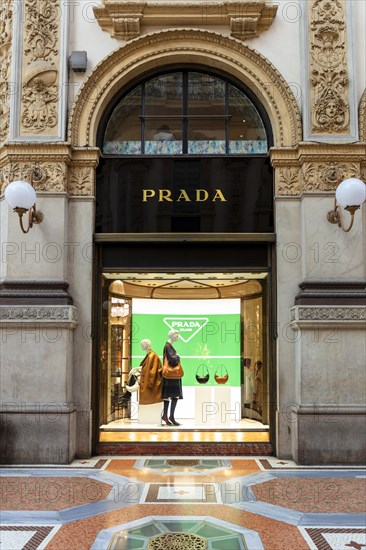 Shop window of the luxury shop PRADA in the Galleria Vittorio Emanuele II