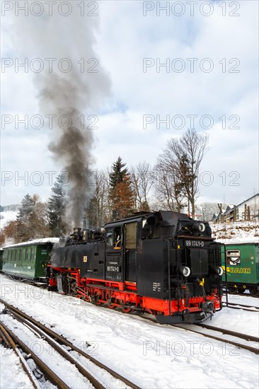 Fichtelbergbahn Railway steam train in winter in Oberwiesenthal