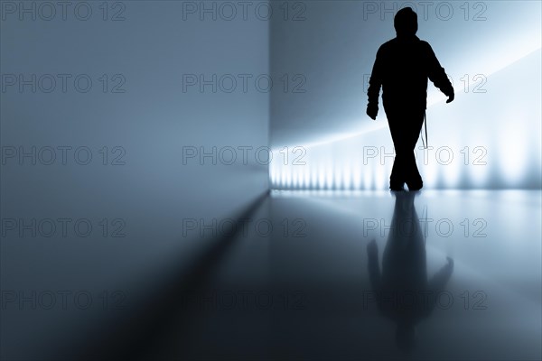 The silhouette of a person stands out in the passageway between the Reichstag building and the Paul Loebe House in Berlin