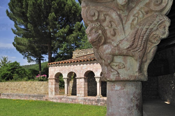 Capital in pink marble of cloister at the Saint-Michel-de-Cuxa abbey