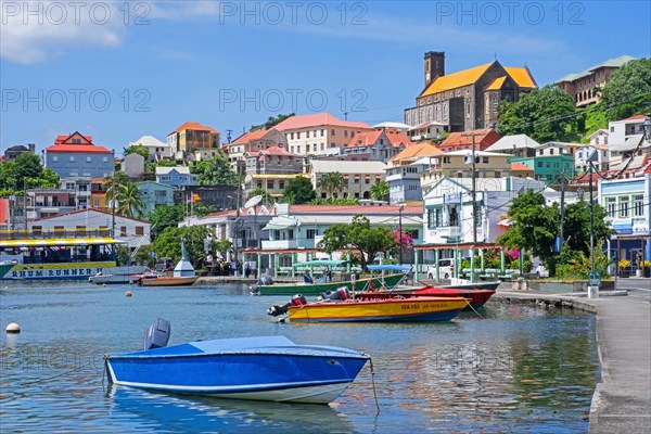 Waterfront and Roman Catholic Cathedral of the capital city St. George's on the west coast of the island of Grenada in the Caribbean Sea