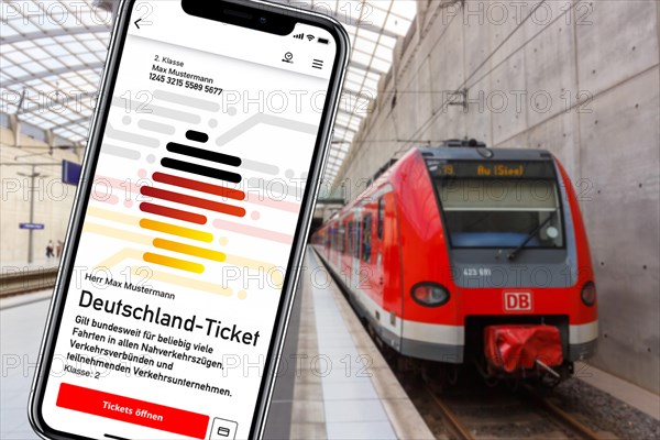 Germany ticket D-ticket or 49 euro ticket on a mobile phone with regional train Regional train photo montage in Cologne