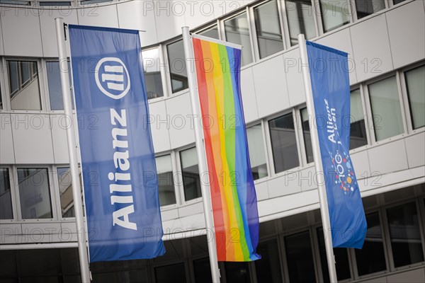 Flags of Allianz stand in front of their location in Berlin. 04.02.2022.