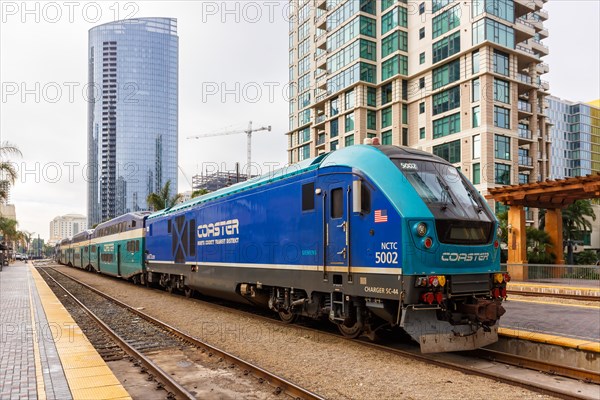 Coaster Passenger Train Railroad at Santa Fe Station in San Diego