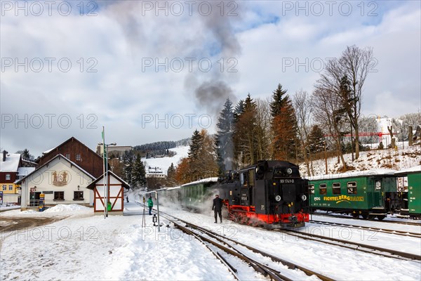 Fichtelbergbahn Railway steam train in winter in Oberwiesenthal