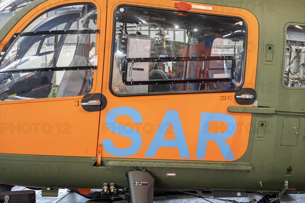 Detailed view of a rescue helicopter with the inscription SAR for Search and Rescue