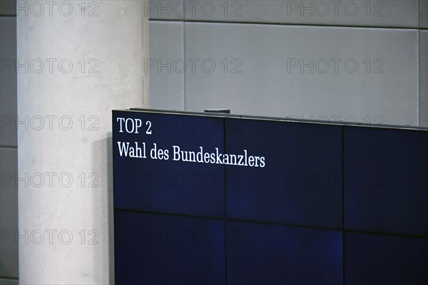 The display board in the Bundestag shows the words ' Election of the Federal Chancellor ' taken during the swearing-in ceremony of the new federal government in Berlin