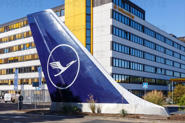 Aircraft tail unit at the Lufthansa base at Frankfurt Airport