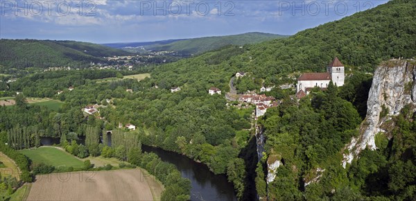 View over the Lot river valley and the medieval village Saint-Cirq-Lapopie