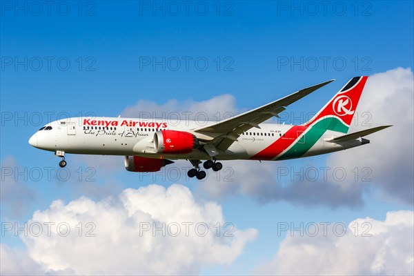 A Kenya Airways Boeing 787-8 Dreamliner aircraft with registration number 5Y-KZF at Amsterdam Airport