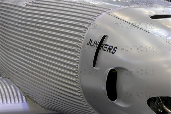Detail of a Junkers aircraft made of aluminium with Junkers lettering