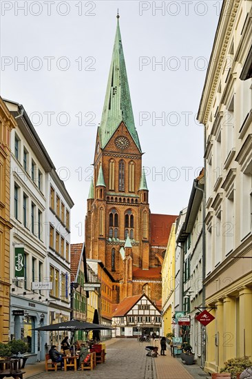 View of Schwerin Cathedral St. Marien and St. Johannis from an old town alley