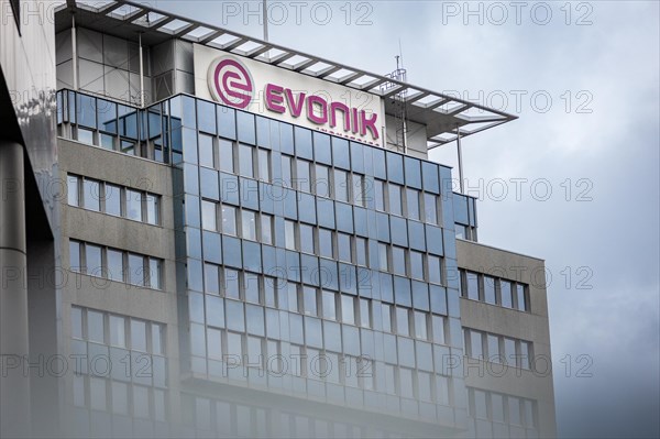 A sign of the evonik company at their headquarters in Essen