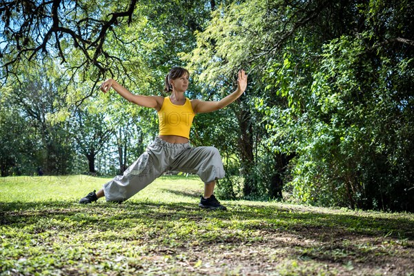 Profile of a woman practicing tai chi surrounded by trees. Chinese martial arts