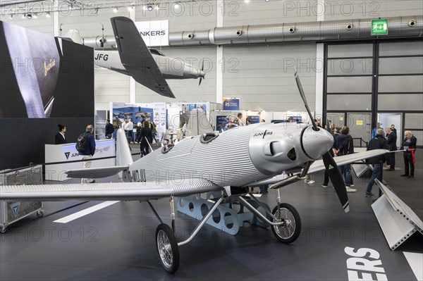 Ultralight aircraft in retro design and replica of the Junkers A50 Junior corrugated tandem seat from 1929. International Trade Fair for General Aviation AERO Friedrichshafen 2023