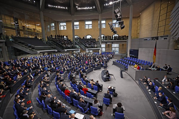 View into the packed Bundestag swearing-in ceremony of the new federal government in Berlin