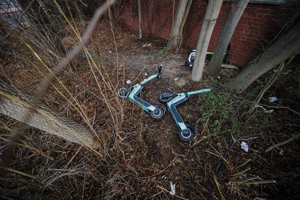 EScooters of the eScooter and bike rental company TIER lie in a bush in Berlin Mitte. Berlin