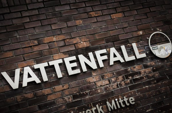 The lettering of the Vattenfall company at their site in Berlin. 04.02.2022.