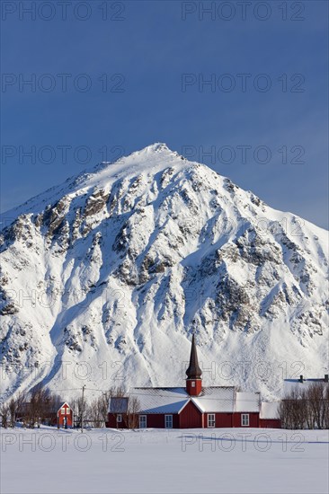 Flakstad church in the snow in winter