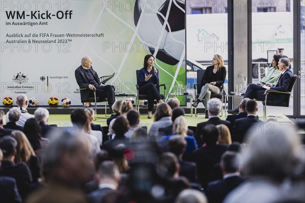 (L-R) Bernd Neuendorf, President of the DFB, Annalena Baerbock (Buendnis 90 Die Gruenen), Federal Minister of Foreign Affairs, Nia Kuenzer, former national player, and Tugba Tekkal, former professional football player, photographed at the World Cup KickOff at the Foreign Office in Berlin, 03.05.2023., Berlin, Germany, Europe