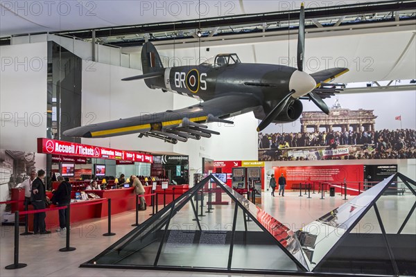 British World War Two Spitfire in the lobby of the Memorial de Caen