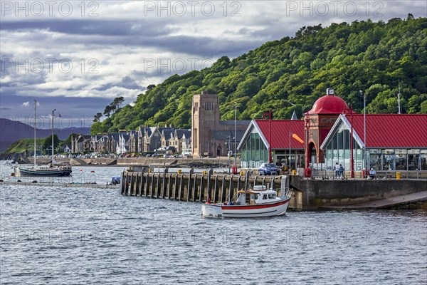 North Pier with Ee-Usk seafood restaurant and St Columba's Cathedral and Oban