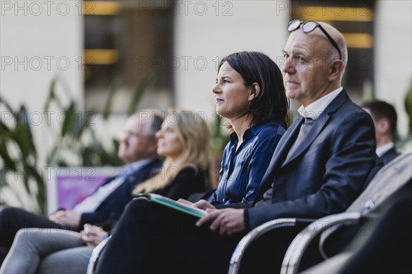 (R-L) Bernd Neuendorf, President of the German Football Association (DFB), and Annalena Baerbock (Buendnis 90 Die Gruenen), Federal Minister of Foreign Affairs, photographed at the World Cup KickOff at the Foreign Office in Berlin, 03.05.2023., Berlin, Germany, Europe