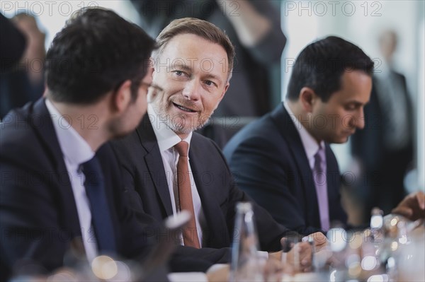 (L-R) Marco Buschmann (FDP), Federal Minister of Justice, and Christian Lindner (FDP), Federal Minister of Finance, recorded during the weekly meeting of the Cabinet in Berlin, 03.05.2023., Berlin, Germany, Europe